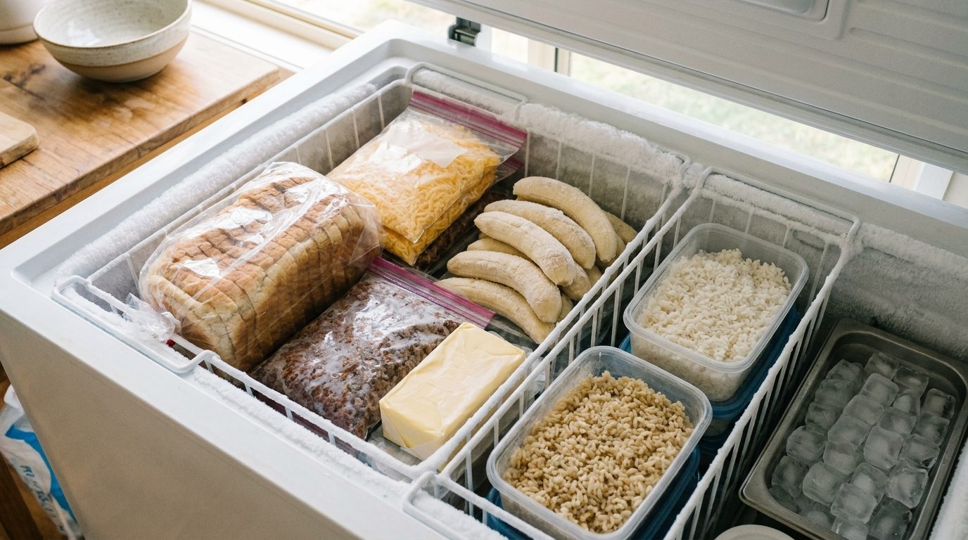 A chest freezer basket packed with bread, grated cheese, mince, bananas, butter and rice