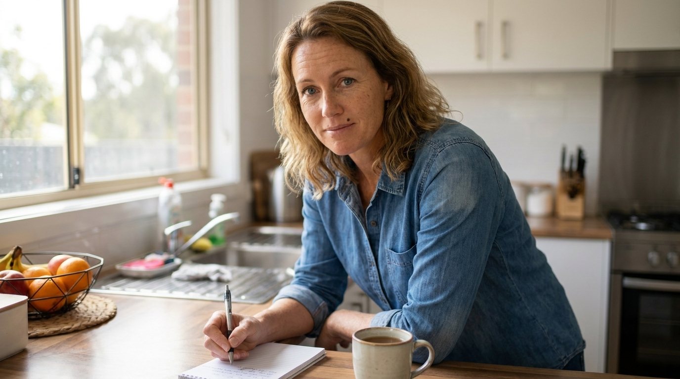 Jodie Tanner at her kitchen bench with a cup of tea and a notepad